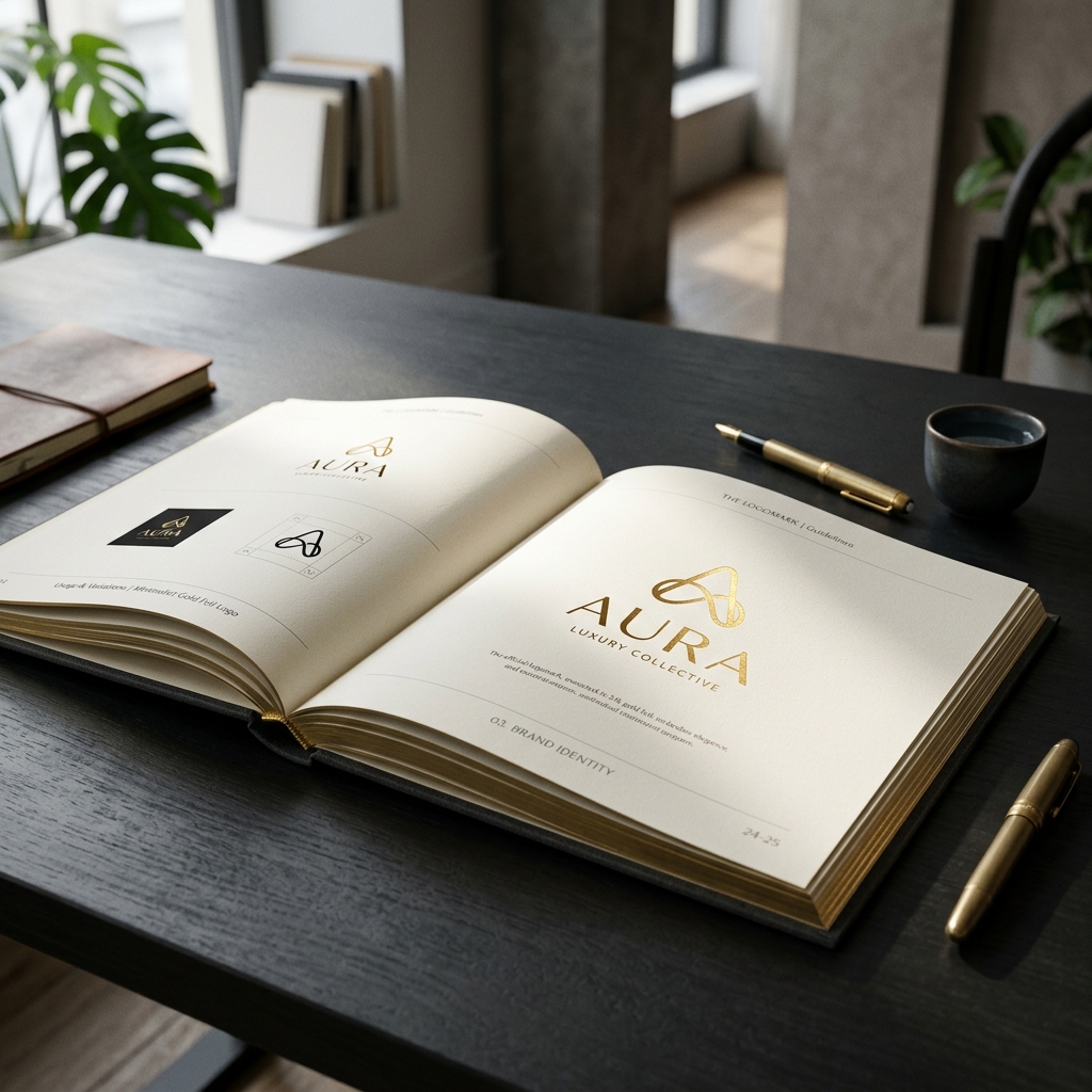 A beautiful logo presentation on a dark desk.