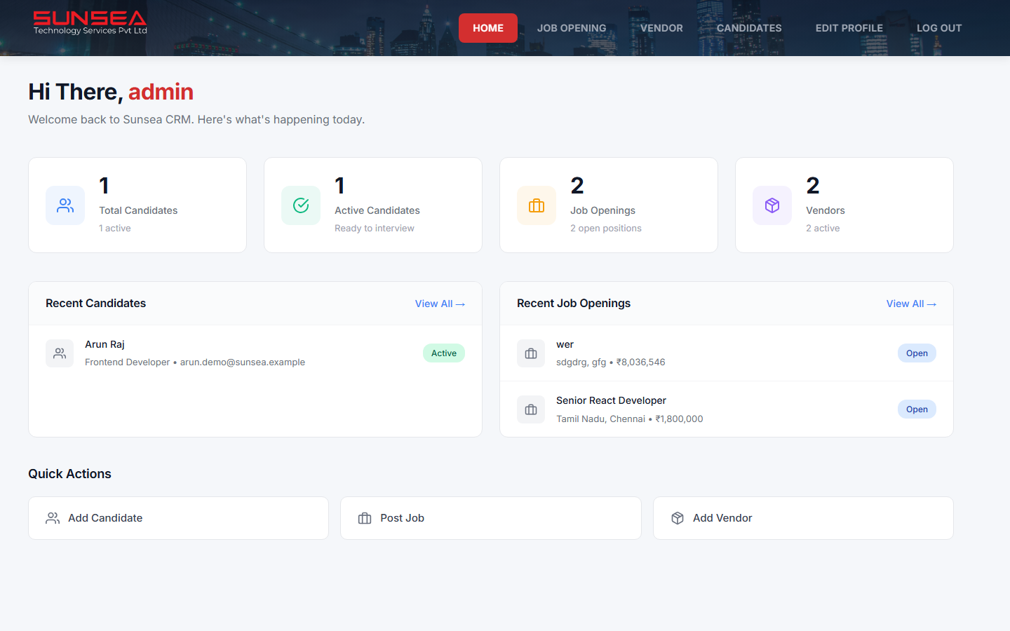 Dashboard with seeded counts and recent activity
