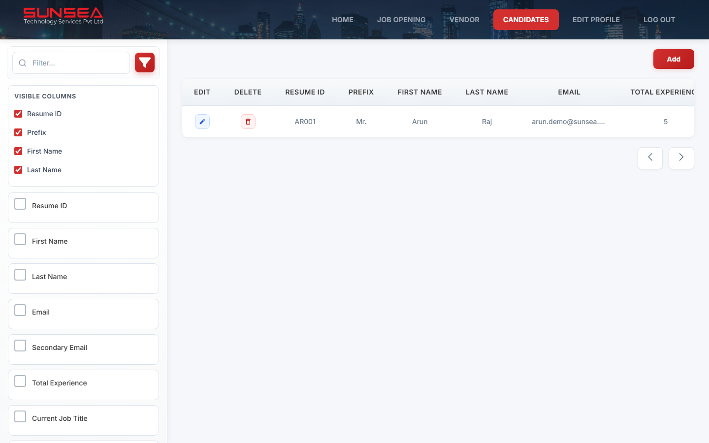 Candidate filter panel