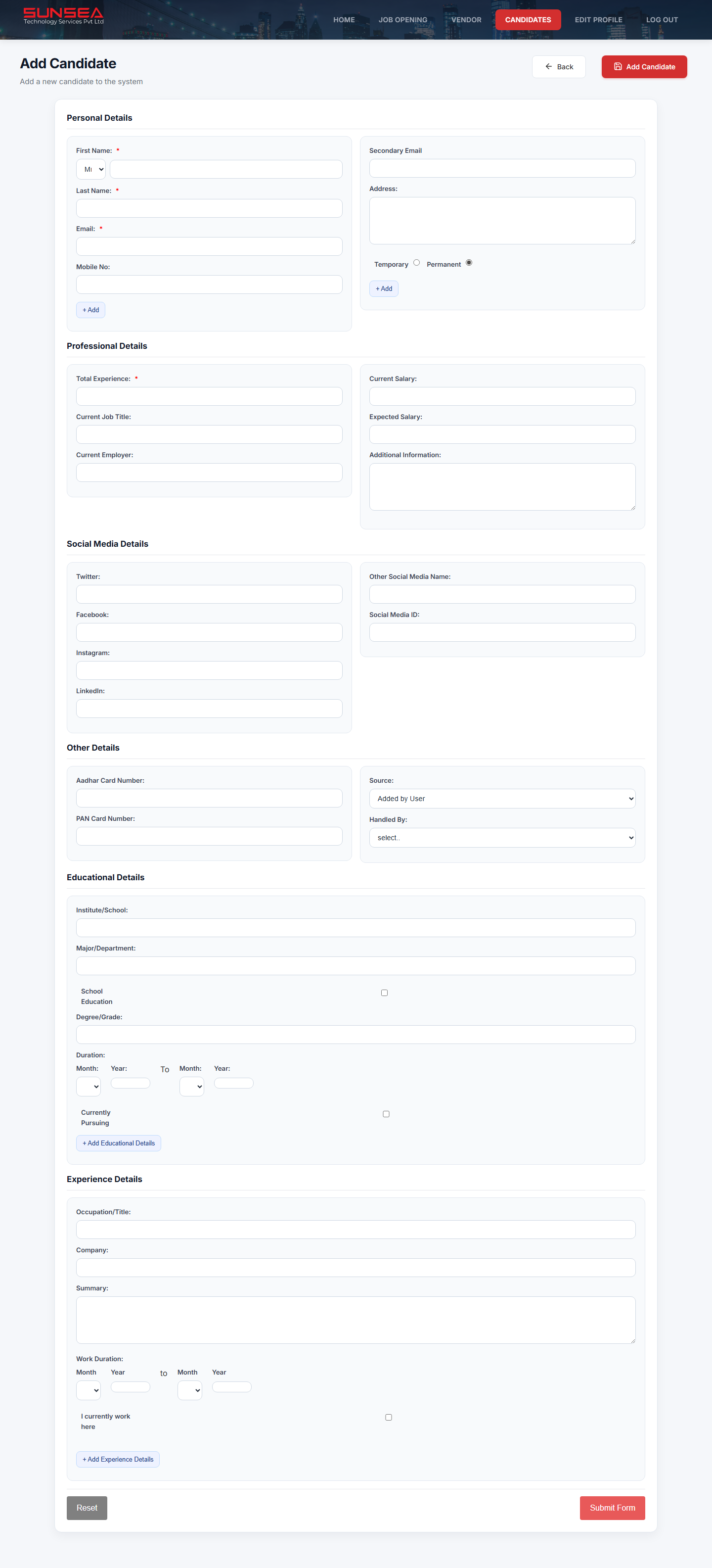 Candidate form screen
