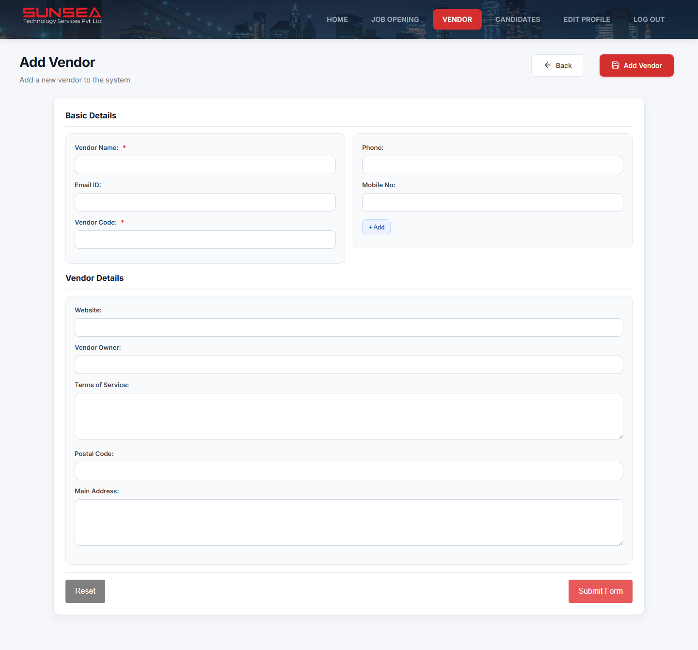 Vendor form screen